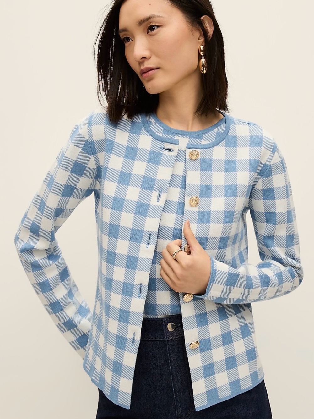 Blue and White Gingham Crewneck Cardigan Sweater